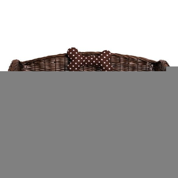 Dark Wicker Pet Bed Alfie With Cushion and Decorative Bone, 74×52 cm