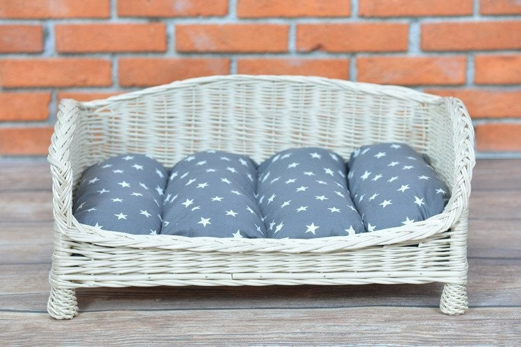 Whitewashed Wicker Pet Bed Alfie With Cushion, 74×52 cm